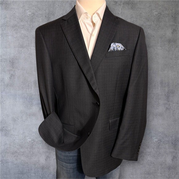 AUSTIN REED Mens Blazer 46L Sport Coat 2-Button Jacket Gray Plaid Wool Suits - Picture 2 of 12